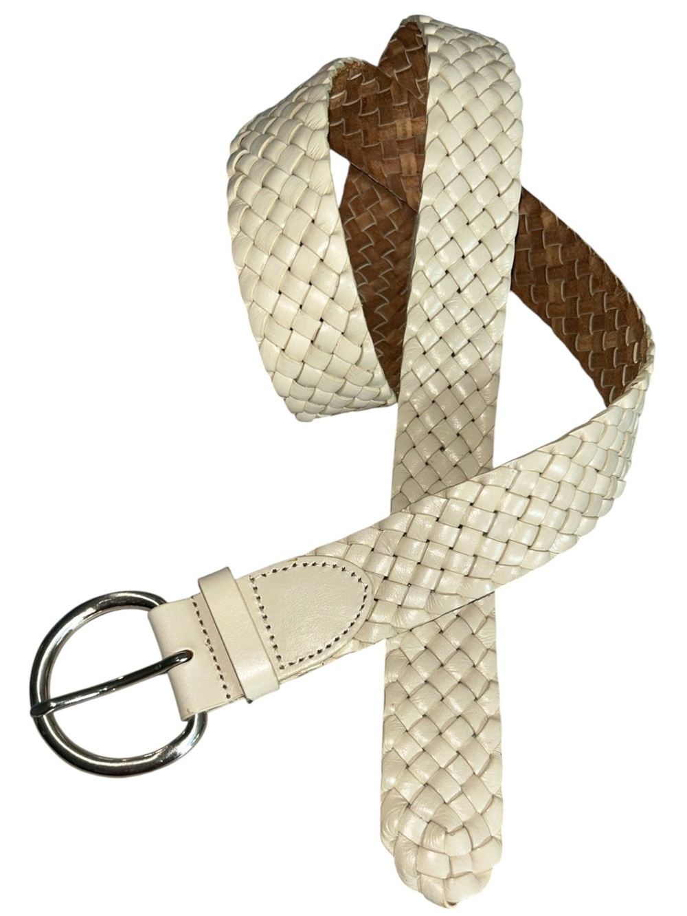 Talbots Cream Woven Leather Wide Belt with Silver Tone Solid Brass Buckle XL